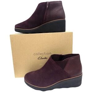 Clarks Mazy Harwich Burgundy Wedge Bootie Ankle Boots 11